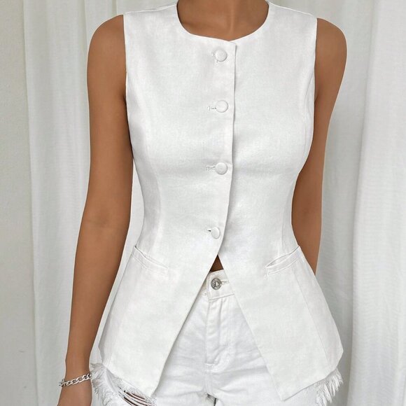 White Casual Women's Solid Button Front Vest Blazer - Picture 7 of 7